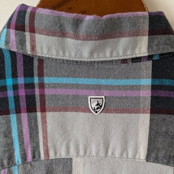 Kuhl cotton blend flannel in gray plaid with blue and purple stripes, size XS - Picture 6 of 10